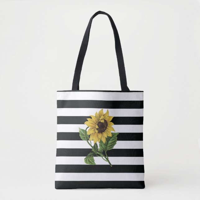 Sunflower on Black and White Stripes Tote Bag (Front)