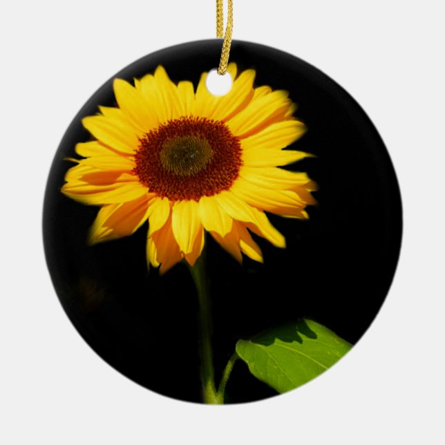 Sunflower on Black Background Ceramic Tree Decoration (Front)
