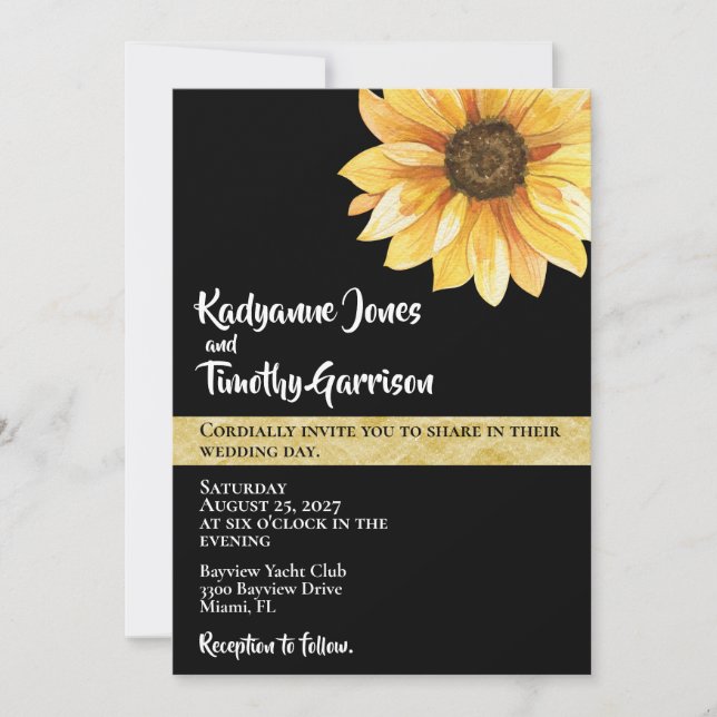 Sunflower on Black Wedding Invitation (Front)