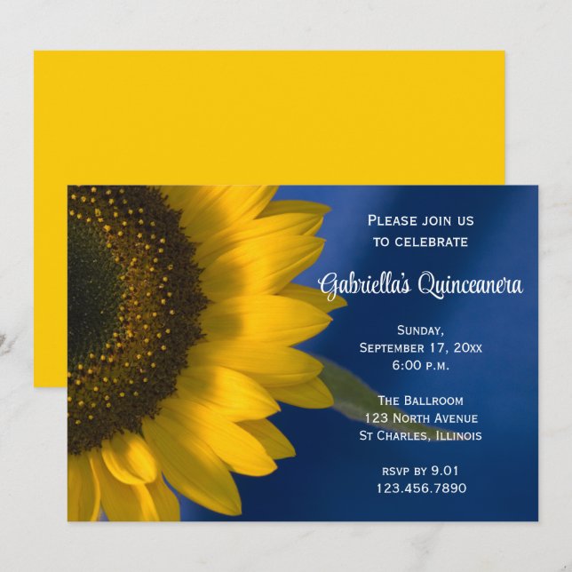 Sunflower on Blue Quinceanera Invitation (Front/Back)