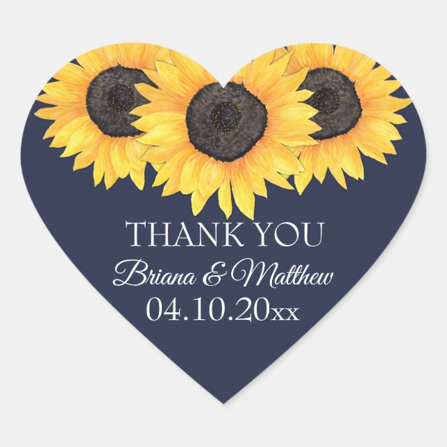 Sunflower on Blue Wedding Heart Sticker (Front)