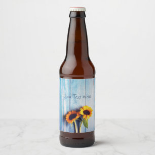 Sunflower on Blue Wood Wall Beer Bottle Label