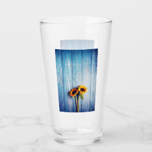 Sunflower on Blue Wood Wall Glass