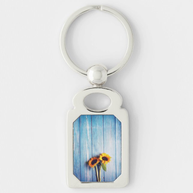 Sunflower on Blue Wood Wall Key Ring (Front)