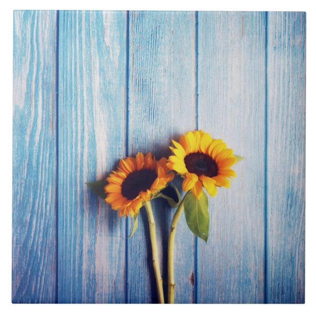 Sunflower on Blue Wood Wall Tile (Front)