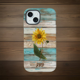 Sunflower on Faux Green Weathered Wood Initials iPhone 15 Case