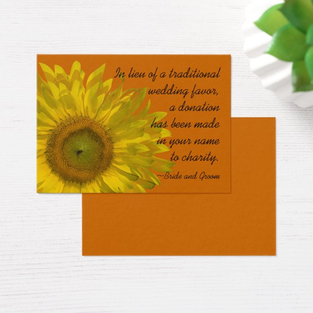 Sunflower on Orange Wedding Charity Favour Card (Desk)