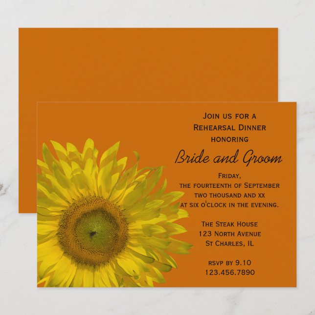 Sunflower on Orange Wedding Rehearsal Dinner Invitation (Front/Back)