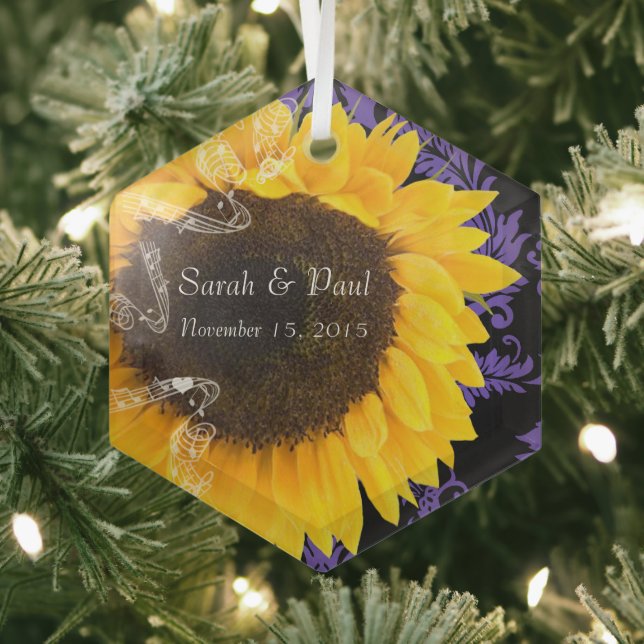 Sunflower on Purple Damask Wedding Christmas Glass Tree Decoration (Insitu)