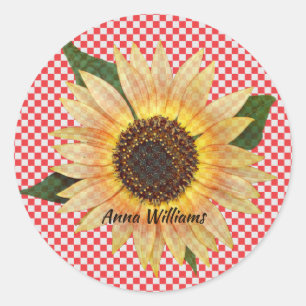 sunflower on red and white plaid classic round sticker
