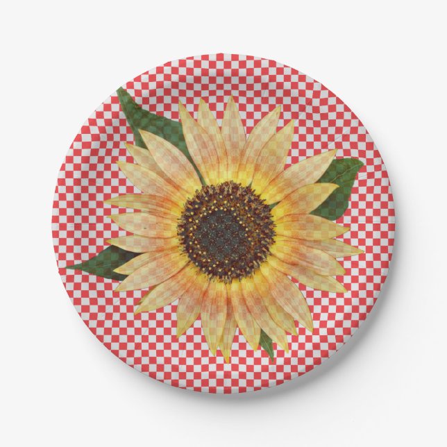 sunflower on red and white plaid paper plate (Front)