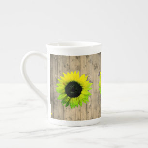 Sunflower on Rustic Wood Bone China Mug