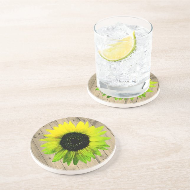 Sunflower on Rustic Wood Coaster (Side)