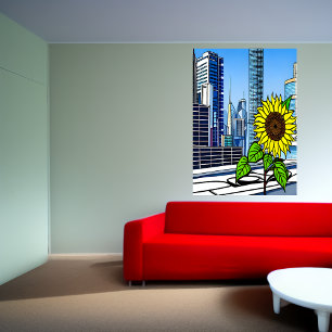 Sunflower on the roof in the city AI Art Poster