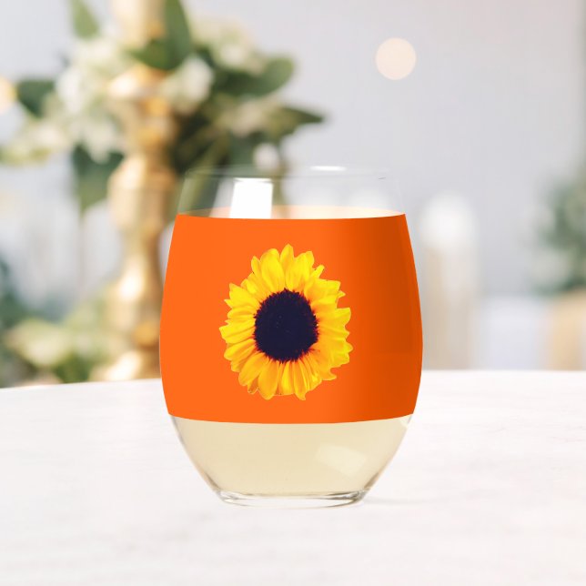 Sunflower Orange Yellow Floral Drinkware Set Stemless Wine Glass (Insitu (Wedding))