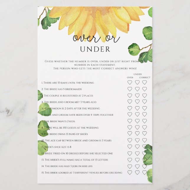 Sunflower over or under bridal shower game (Front)