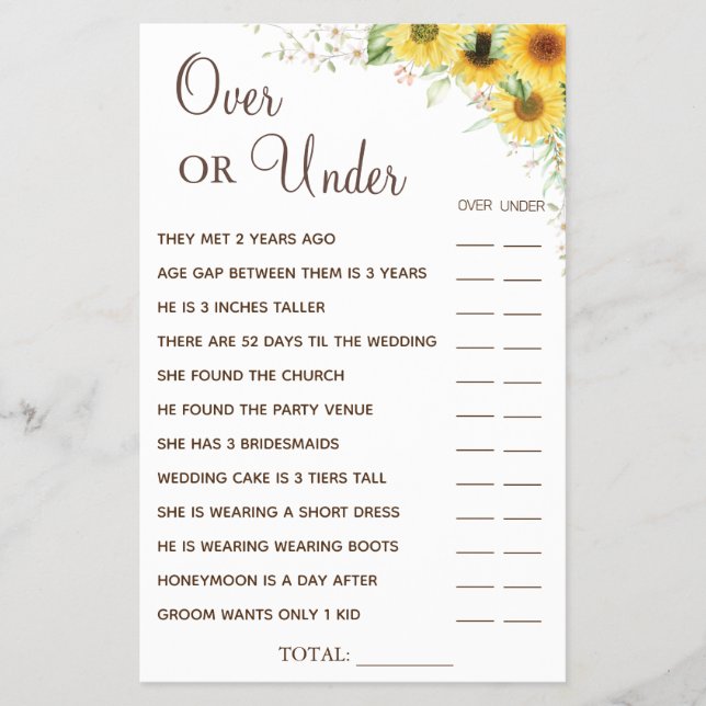 Sunflower Over or Under Bridal shower game card (Front)
