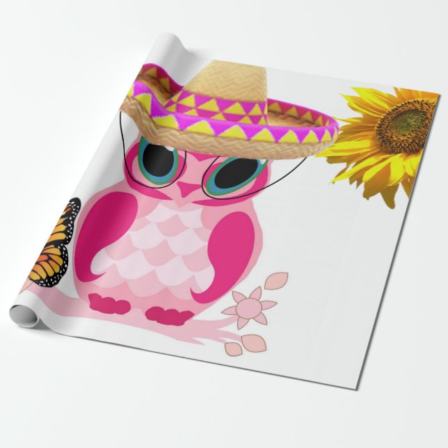 Sunflower Owl Butterfly Matte Wrapping Paper (Unrolled)