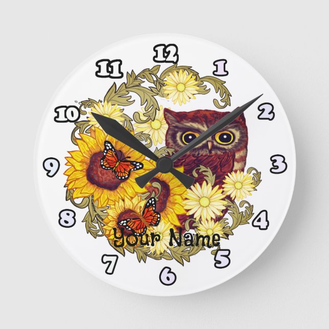 Sunflower Owl   Round Clock (Front)