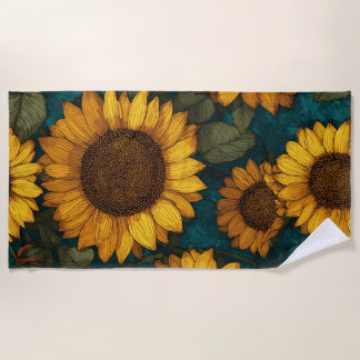 Sunflower Pattern - Cheerful Floral Style Beach Towel