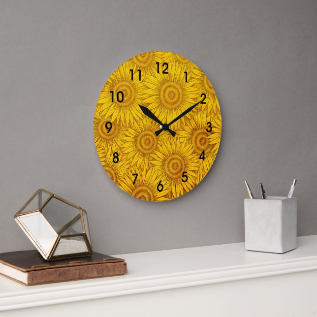 Sunflower Pattern, Dazzling Yellow, Large Clock (Office)