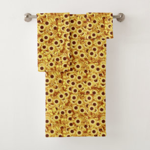 Sunflower Pattern, Gold, Yellow and Brown Bath Towel Set