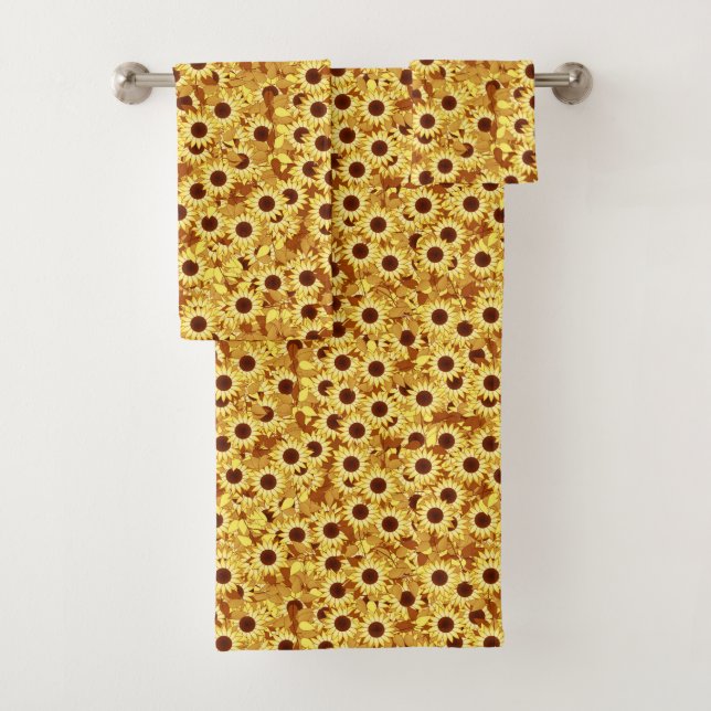 Sunflower Pattern, Gold, Yellow and Brown Bath Towel Set (Insitu)