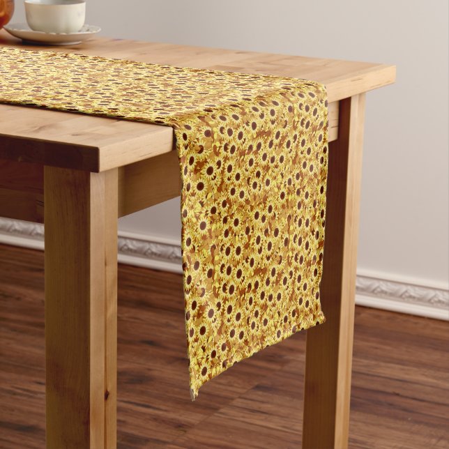 Sunflower Pattern, Gold, Yellow and Brown Short Table Runner (In Situ)