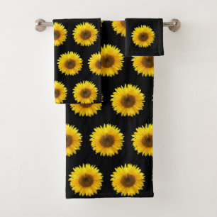 Sunflower Pattern on Black Bath Towel Set