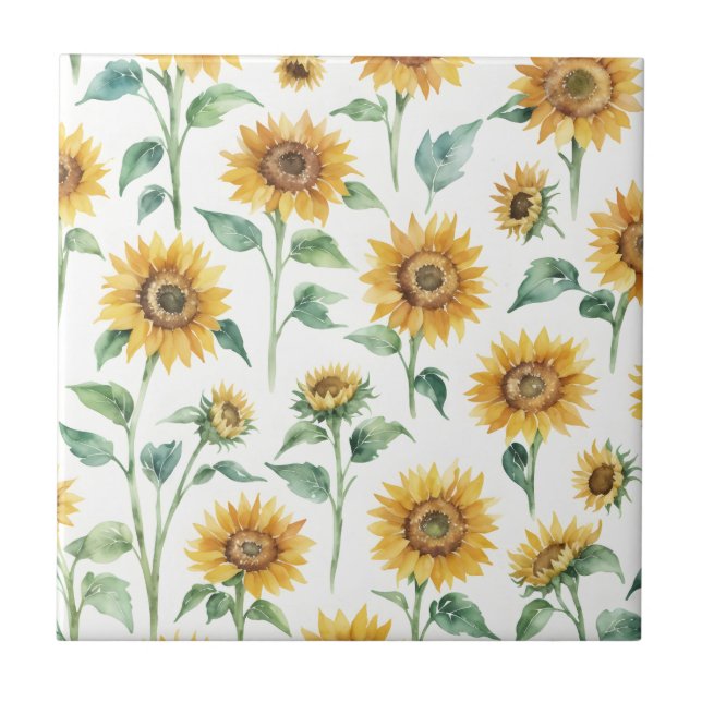 Sunflower Pattern Watercolor Botanical  Tile (Front)