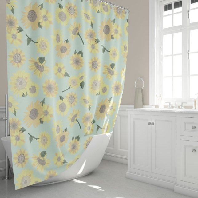 Sunflower Pattern Whimsical Yellow Blue Shower Curtain (Sunflower Pattern Whimsical Yellow Blue Shower Curtain from Allison Steffen for Studio Posies.)