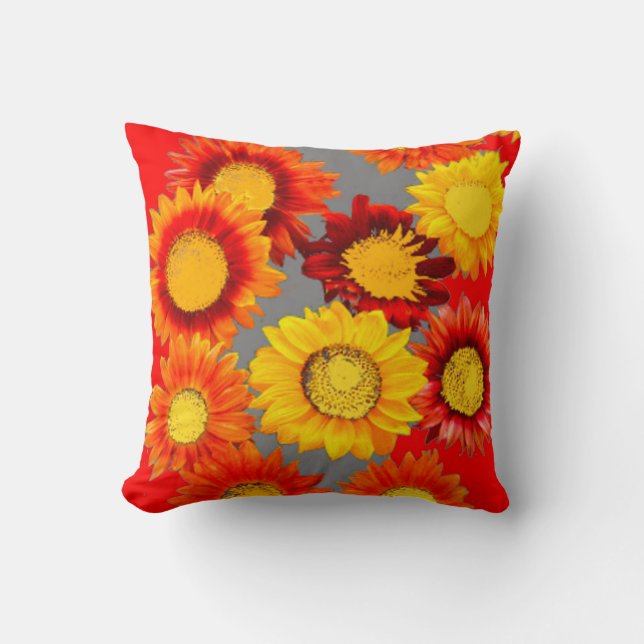 SUNFLOWER PATTERNS GREY-RED ABSTRACT ART CUSHION (Front)