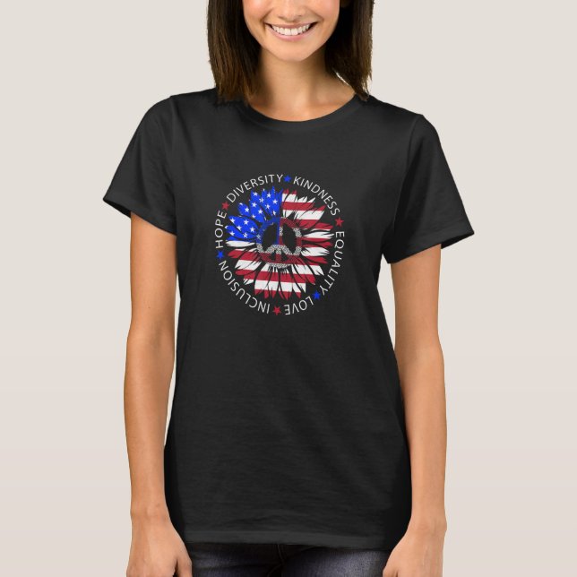 Sunflower Peace Sign USA Flag Patriotic July 4th M T-Shirt (Front)