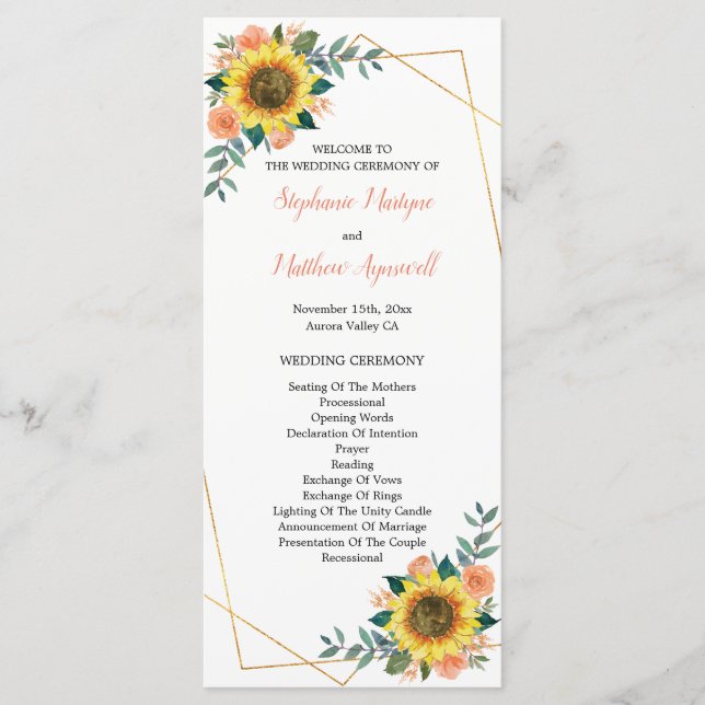 Sunflower Peach Coral Floral Geometric Wedding Programme (Front)