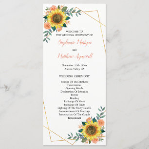 Sunflower Peach Coral Floral Geometric Wedding Programme