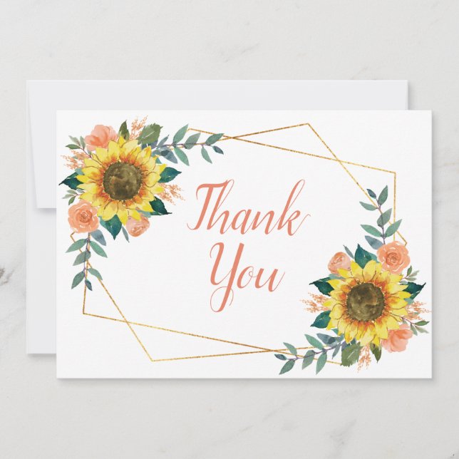 Sunflower Peach Floral Geometric Wedding Thank You Card (Front)