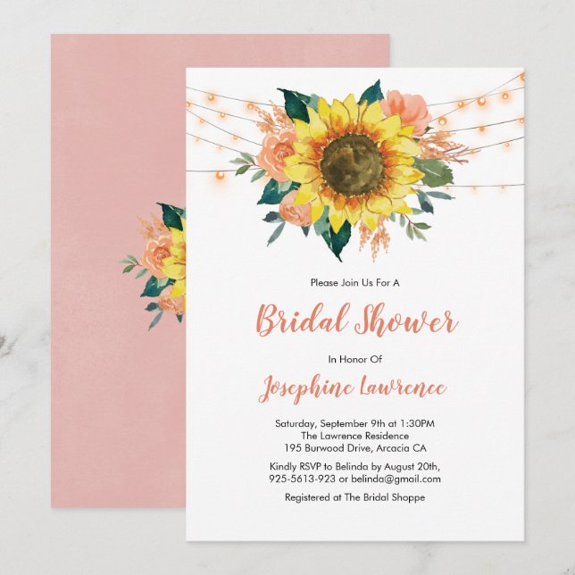 Sunflower Peach Rose Lights Bridal Shower Invitation (Front/Back)