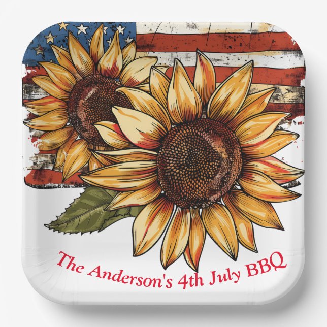 Sunflower Personalised 4th July Paper Plate (Front)
