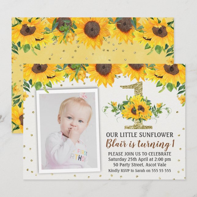 Sunflower Photo First Birthday Invitation Girl (Front/Back)