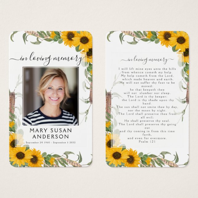 Sunflower Photo Funeral Memorial Prayer Card (Front & Back)