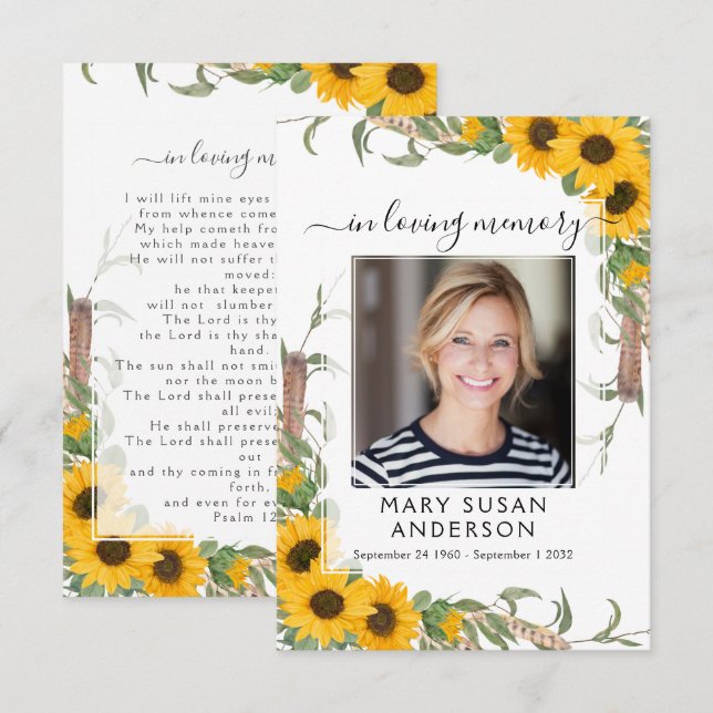 Sunflower Photo Funeral Memorial Prayer Card (Front/Back)