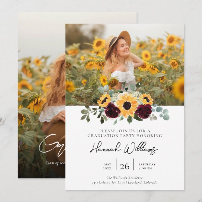 Sunflower Photo Graduation Party Invitation (Front/Back)