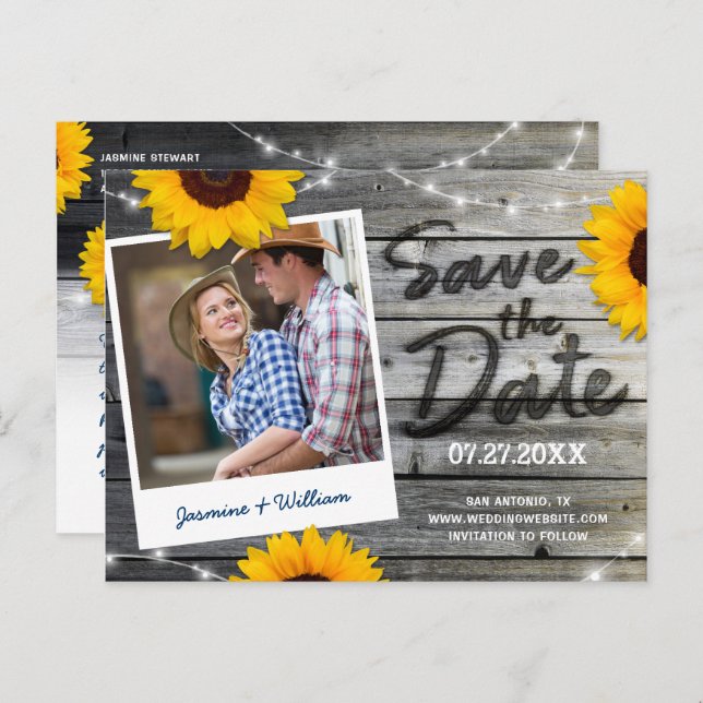 Sunflower Photo Grey Rustic Wedding Save the Date Announcement Postcard (Front/Back)