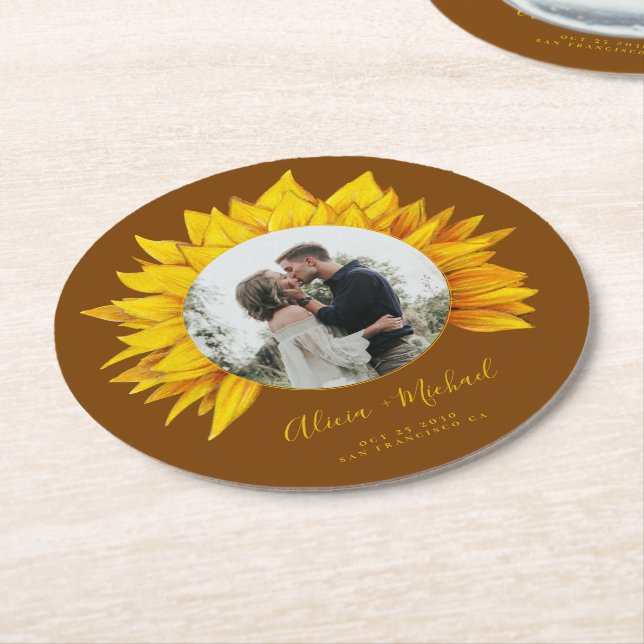 Sunflower photo rustic wedding save the date round paper coaster (Angled)