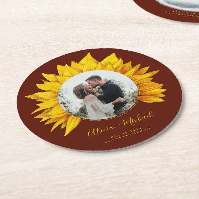 Sunflower photo rustic wedding save the date round paper coaster (Angled)