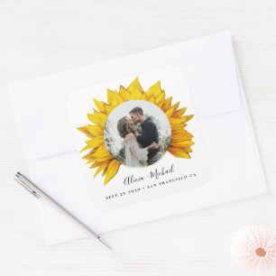 Sunflower photo rustic wedding save the date square sticker