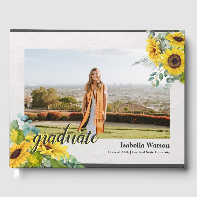 Sunflower Photo Script Graduation Guest Book (Front)