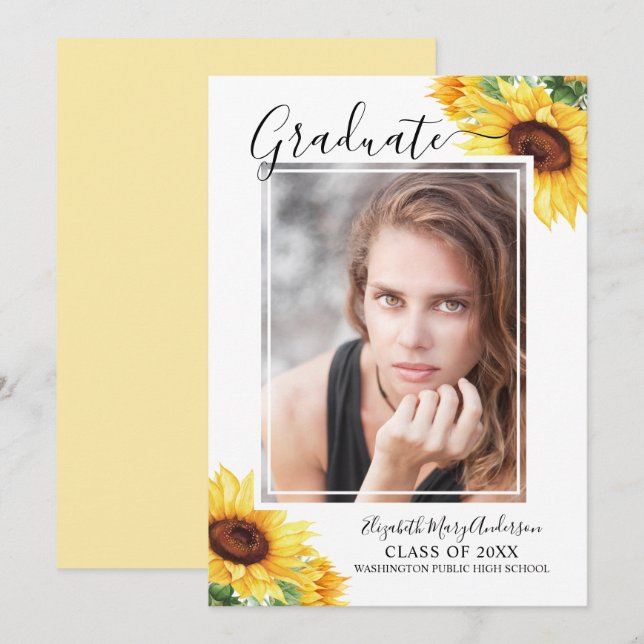 Sunflower Photo Watercolor Graduation Announcement (Front/Back)
