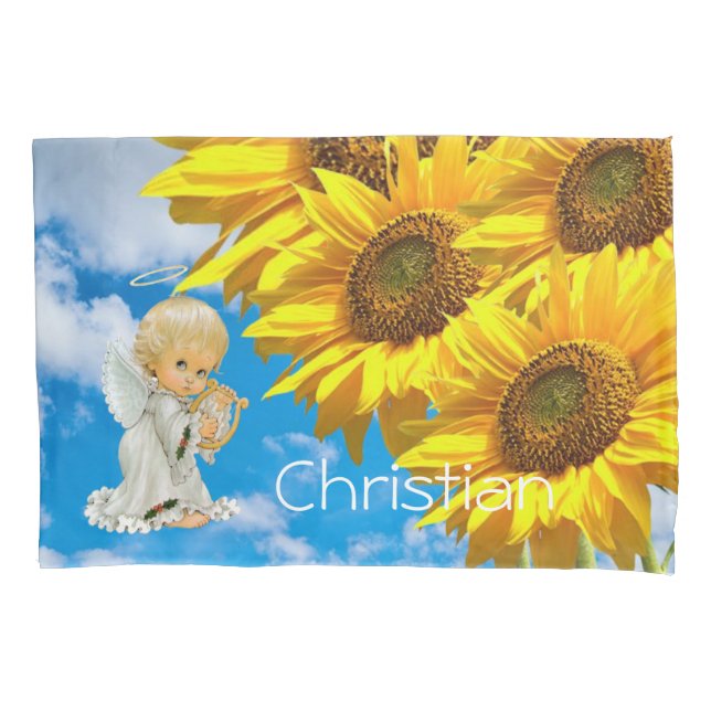 Sunflower Pillow Case, Floral Baby Angel Pillowcase (Front)