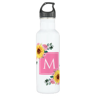 Sunflower Pink Botanical Watercolor Monogrammed 710 Ml Water Bottle